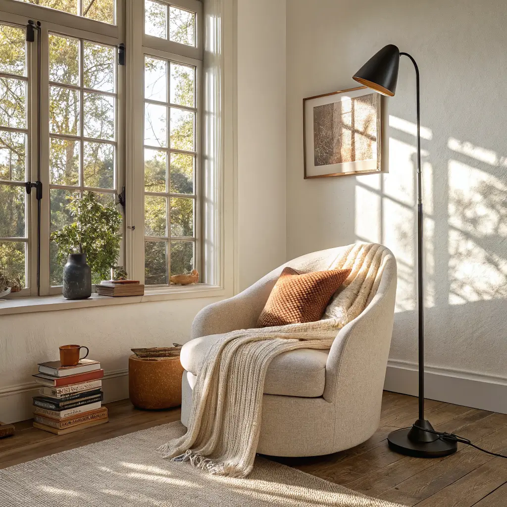 Sunlit living room reading nook with a cream bouclé swivel chair, black floor lamp, and oak side table holding books, a mug, and a eucalyptus vase.