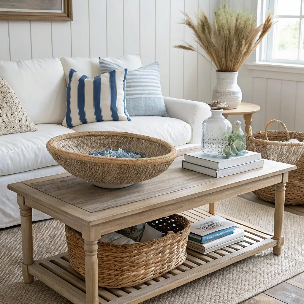 Modern coastal living room vignette with white oak coffee table holding a rattan tray, clamshell bowl of sea glass beads, linen books, and pampas vase, beside an ivory sofa with blue-striped pillows and a seagrass basket with knit throw.