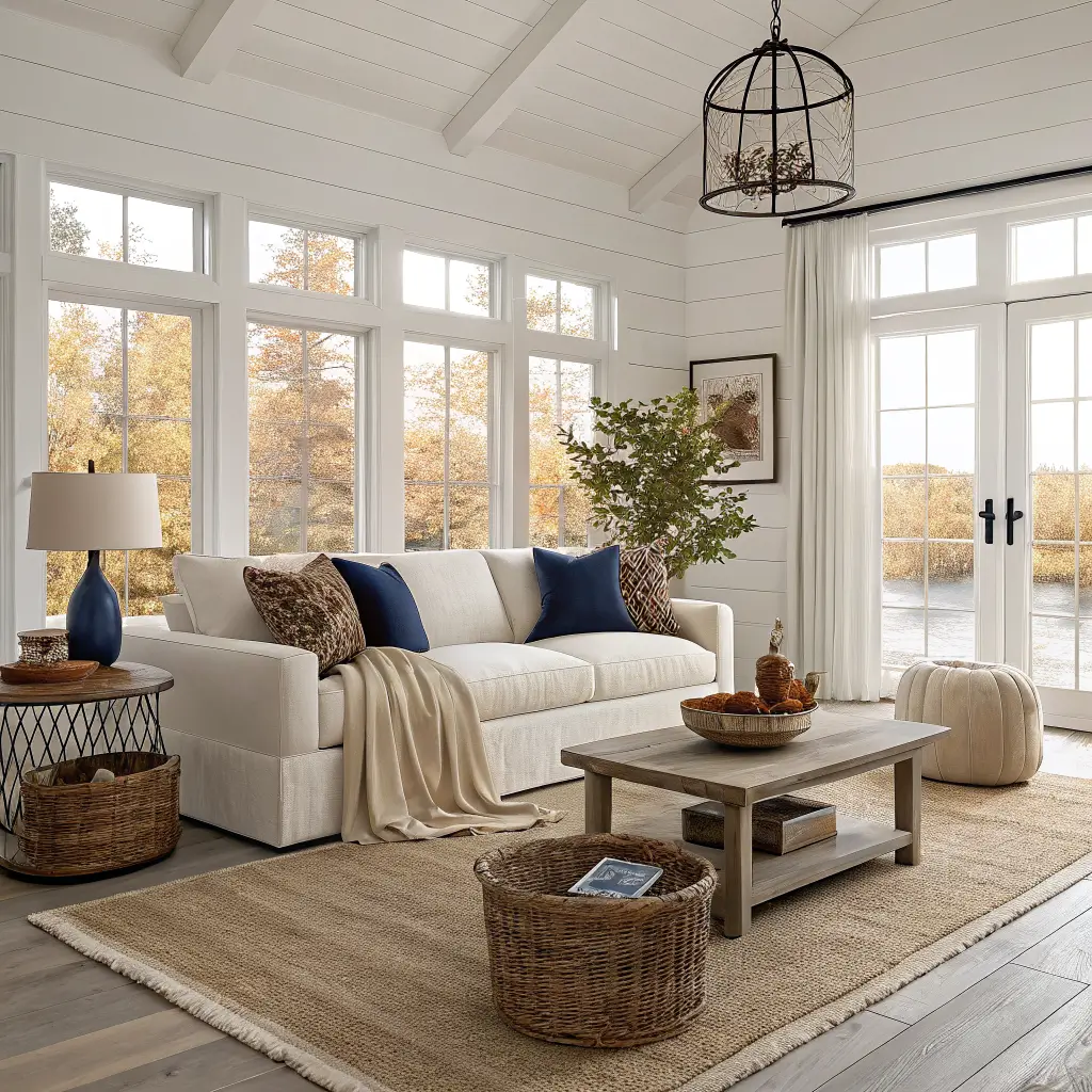Photorealistic coastal living room with ivory slipcovered sofa, camel and navy pillows, chunky cream throw, layered jute and cocoa rugs, light oak coffee table with candles and branches, matte black floor lamp, and sheer ivory drapes in warm autumn light.