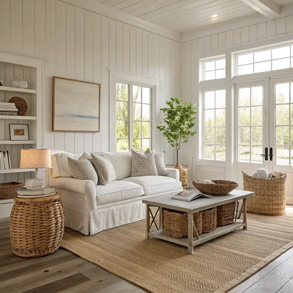 Sunlit coastal living room with white-paneled walls, oak herringbone floors, ivory linen sofa on jute rug, seagrass baskets, ash coffee table with conch shell, and white linen drapes framing a bright window.
