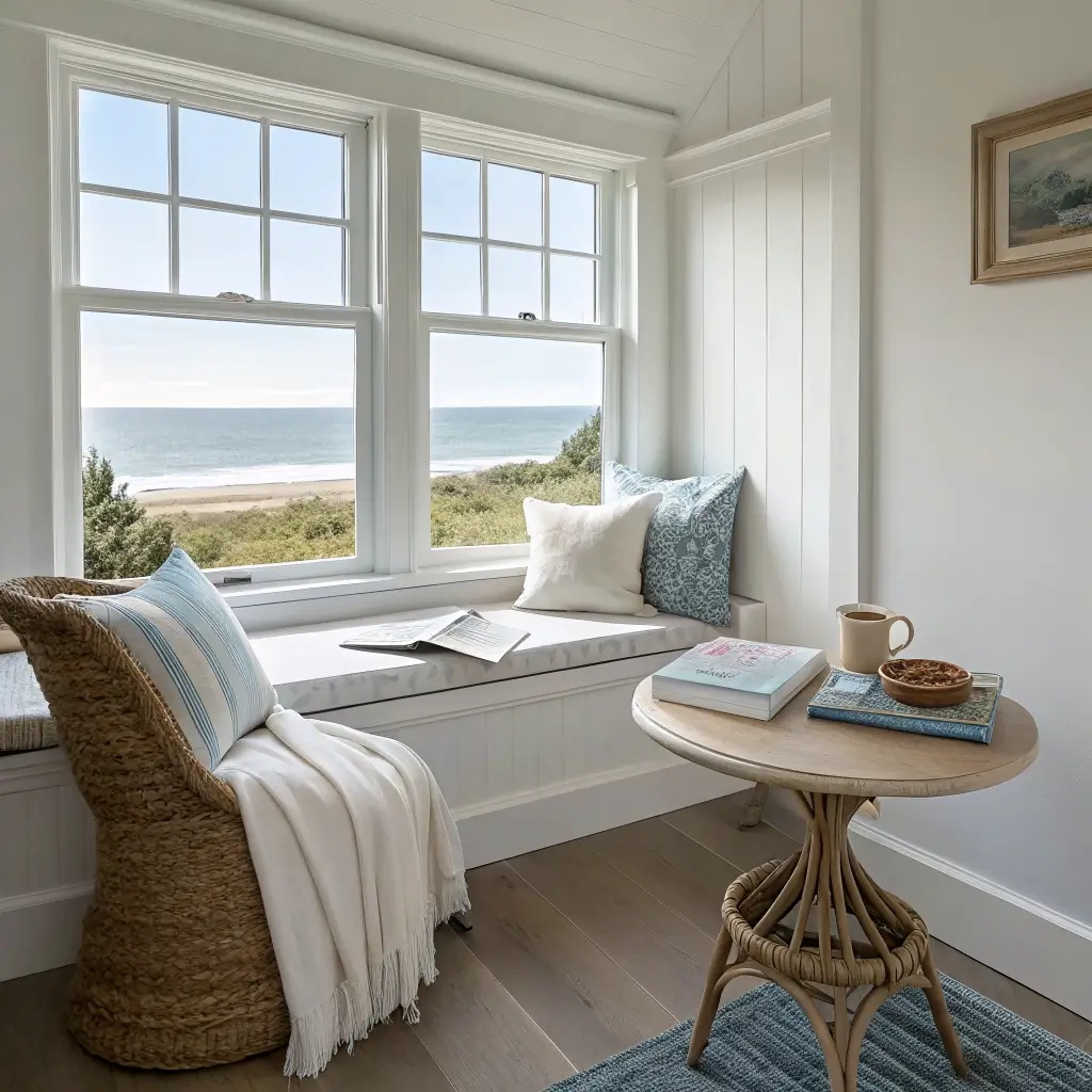 Photorealistic coastal reading nook with a window seat, pale oak chair, round whitewashed table with mug and open book, seagrass basket with gray-blue throw, and minimalist seascape print in warm white and muted blue tones.