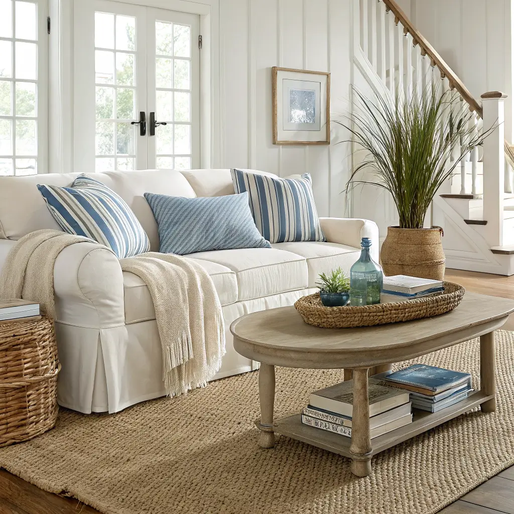 Photorealistic living room refresh with oatmeal slipcovered sofa, blue-and-white striped pillows, cream knit throw, 8x10 jute rug, oak coffee table with seagrass tray, bud vase and books, woven basket, and white linen drapes in bright afternoon light.