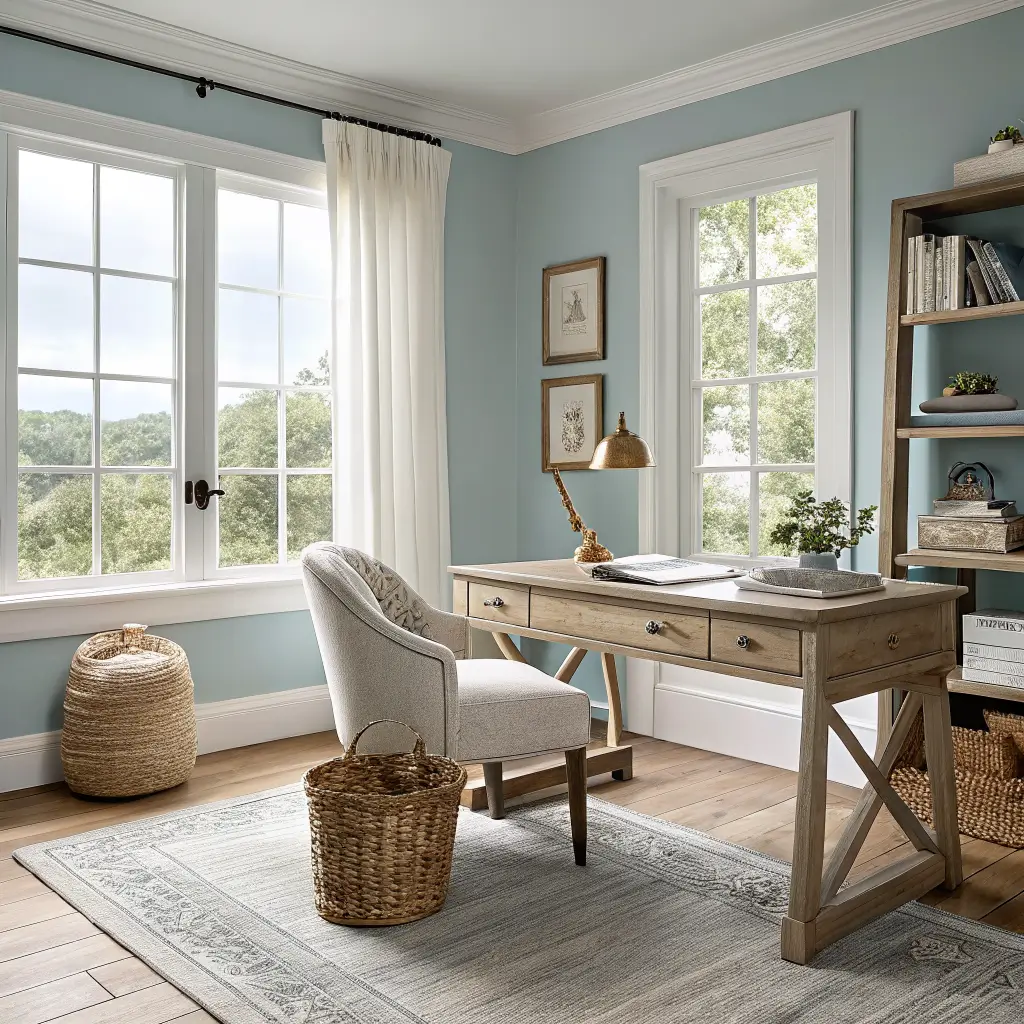 Photorealistic coastal home office with Boothbay Gray walls, pale oak desk facing a tall window with white linen panels, brass task lamp, ivory slipcovered chair, jute rug, and floating oak shelf with white and soft blue ceramics.