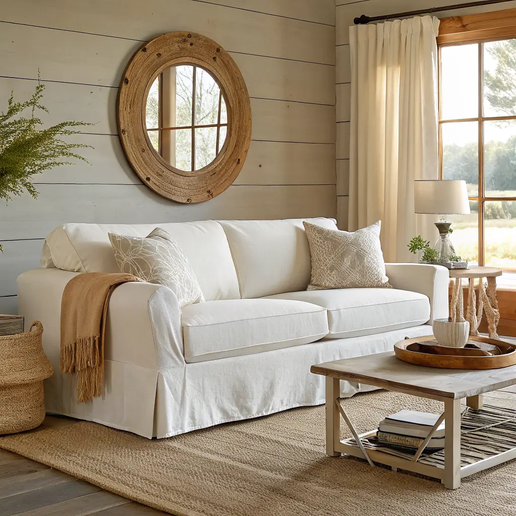 Photorealistic golden-hour living room with crisply slipcovered ivory linen sofa on a jute rug, ash coffee table decor, seagrass baskets, Pale Oak wall, and round wood-framed mirror.