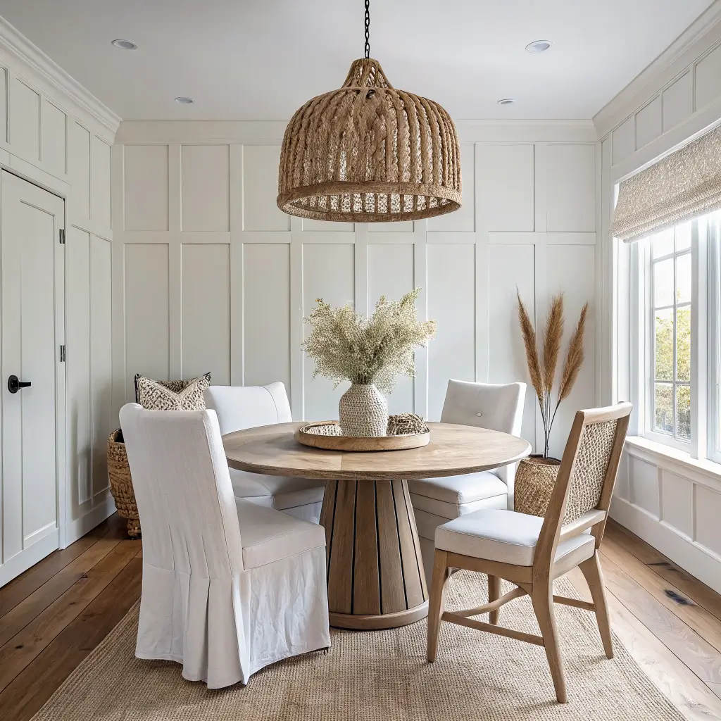 Photorealistic modern dining room with Simply White board-and-batten focal wall, pale oak pedestal table, four ivory slipcovered linen chairs, rattan pendant light, dried grass centerpiece on jute runner, oak floors, and white drapes by a tall window.