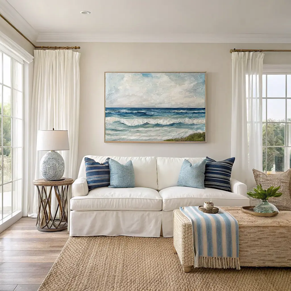 Photorealistic living room with ivory slipcovered sofa, blue-striped pillows, and a large abstract gray-blue seascape painting as the focal point above it, lit by soft mid-morning daylight.