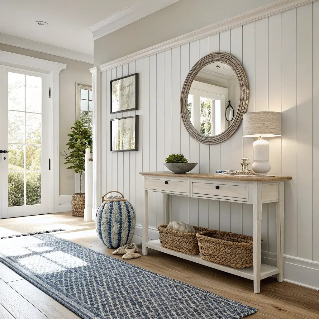 Photorealistic entryway with white board-and-batten walls, narrow whitewashed console, round mirror, seagrass basket, jute runner on pale oak floors, and a blue-and-white roman shade lit by bright morning daylight.