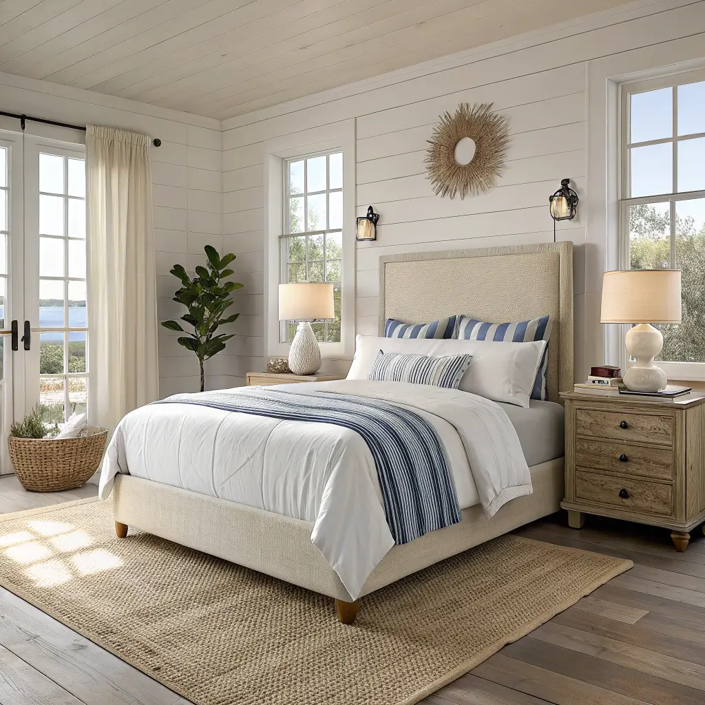 Photorealistic 13x15 bedroom with an ivory slipcovered headboard, washed white linen bedding, oatmeal waffle throw, blue-and-white striped pillows, pale oak walls and nightstand, jute rug, seagrass basket, and soft morning window light.