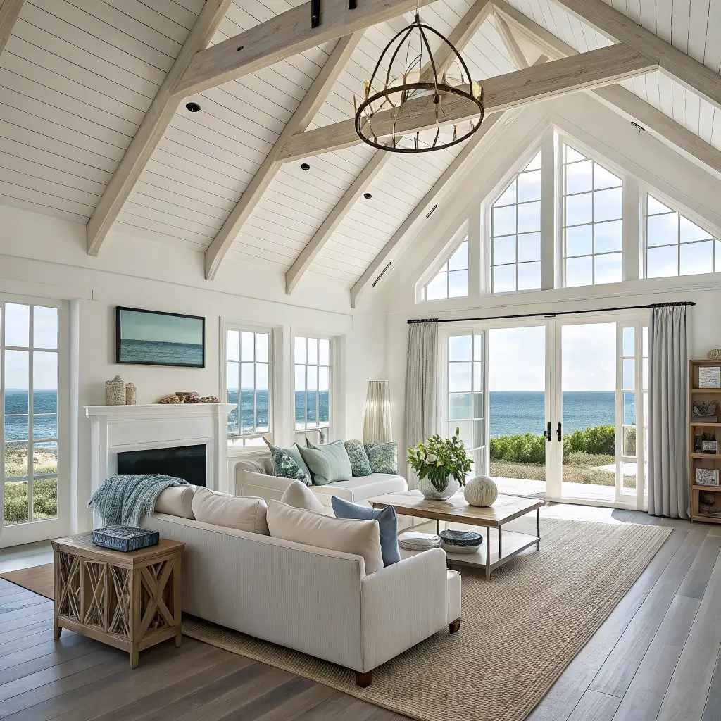 Photorealistic coastal farmhouse living room with vaulted white oak beams, black-mullioned windows with linen sheers, oatmeal slipcovered sofa, jute rug, reclaimed pine coffee table, and pale driftwood floors in soft morning light.