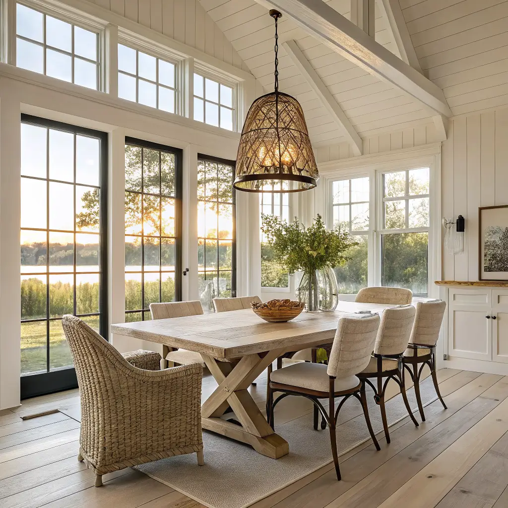 Photorealistic coastal farmhouse dining nook with white oak trestle table, six cross-back chairs, seagrass pendant, black-framed windows, and late afternoon golden light.