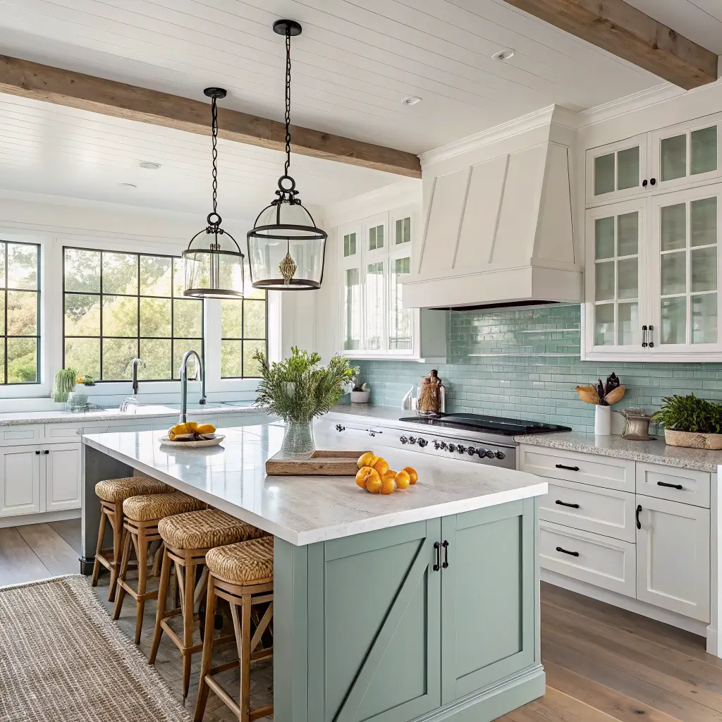 Photorealistic coastal farmhouse kitchen with white shaker cabinets, beach glass island with marbled quartz, rattan pendant, oak stools, and sunny window over the sink.
