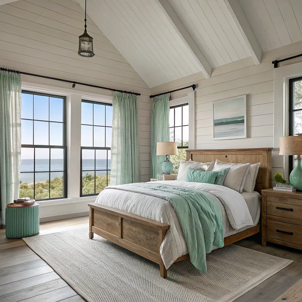 Photorealistic coastal farmhouse primary bedroom with king bed in white linen, sea-glass green coverlet, reclaimed wood nightstands, jute rug, and hazy morning light through linen curtains.