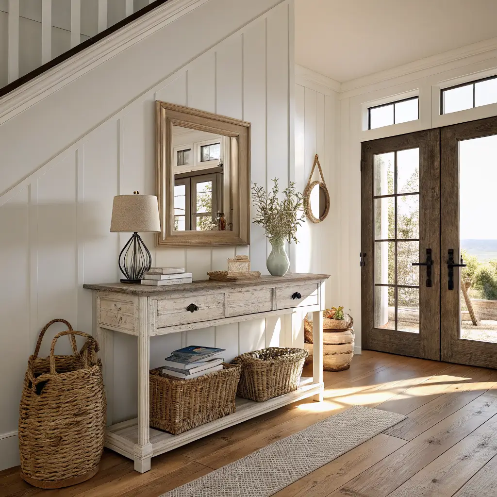 Photorealistic coastal farmhouse entryway with pale oak floors, white walls, console with mirror and wheat, jute runner, wall hooks with tote and straw hat, and a black mullioned window in morning light.