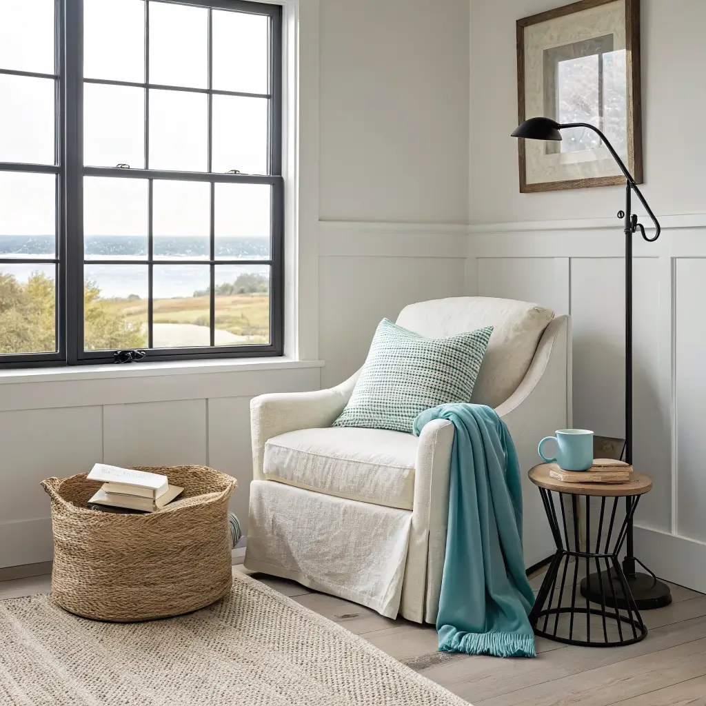 Photorealistic coastal farmhouse reading nook with aqua linen chair, knit throw, black side table with mug and book, and beach photo under a black-framed window.