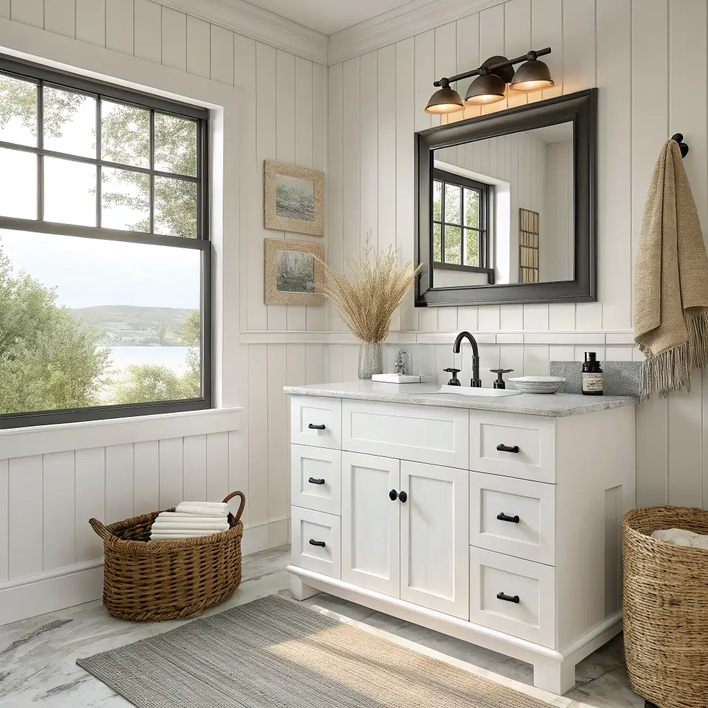 Photorealistic coastal farmhouse bathroom with white shaker vanity, driftwood mirror, black sconces, frosted window light, subway tile wainscoting, linen towels, rattan basket, and jute bath mat.