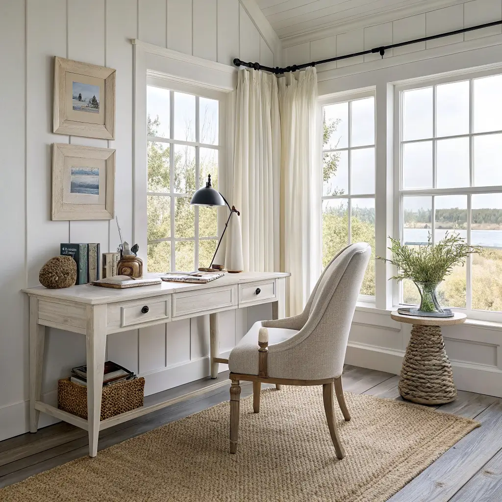 Photorealistic coastal farmhouse home office with white walls, pale oak floors, jute rug, white oak desk facing linen-curtained windows, styled desk accessories, and floating shelf with seascapes and seagrass basket in soft afternoon light.