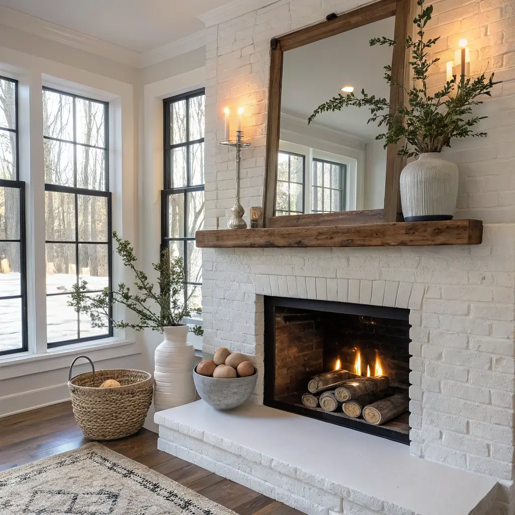 Photorealistic coastal farmhouse whitewashed brick fireplace with weathered oak mantel, driftwood mirror, dough bowl with ceramic spheres, eucalyptus in ironstone pitcher, lantern candle, and birch logs in seagrass basket.