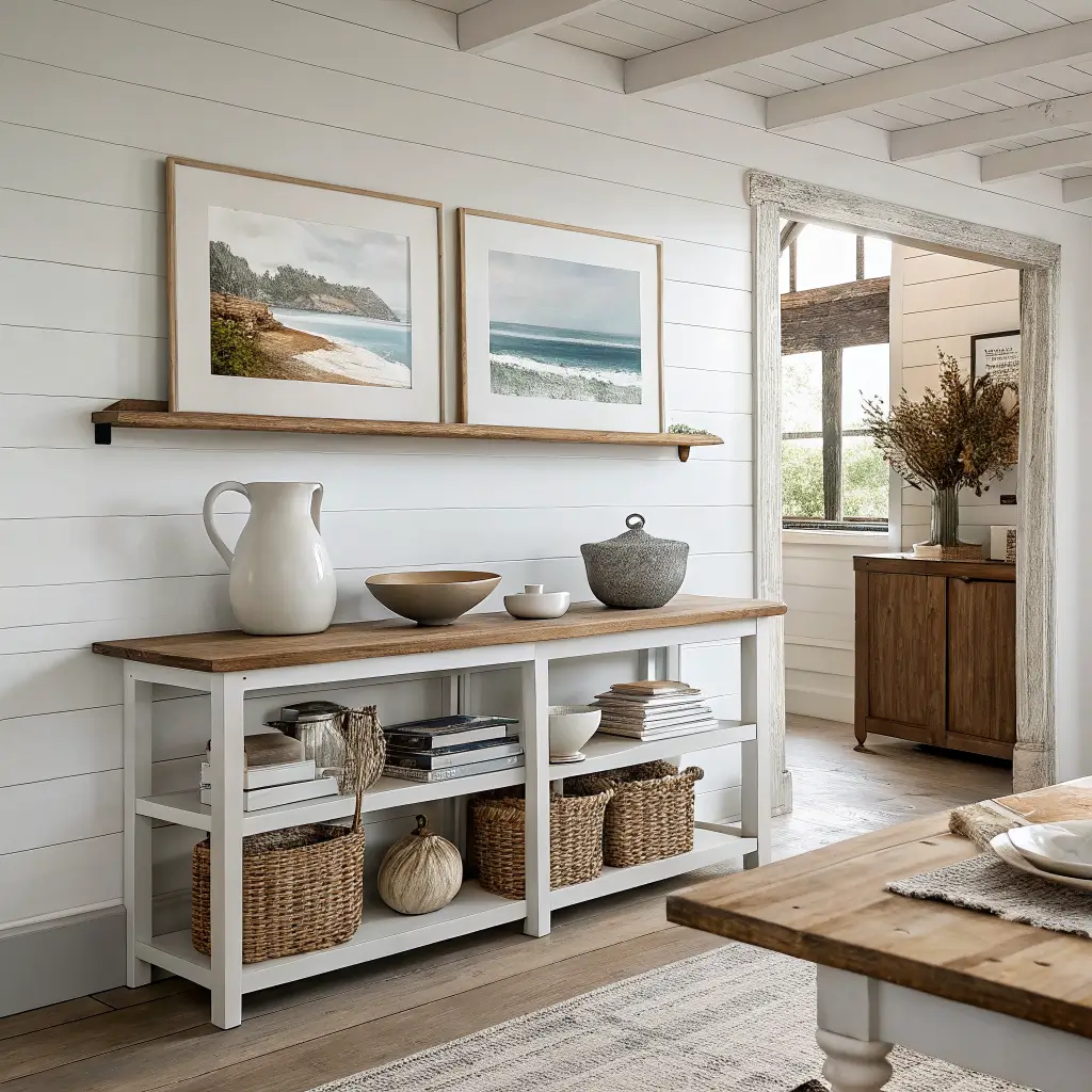 Photorealistic coastal farmhouse dining vignette with two white oak floating shelves above a weathered oak sideboard on Alabaster white walls, styled with ironstone, framed seascape art, dough bowl, linen books, rattan accents, and a stoneware crock of dried grasses in soft late-morning light.