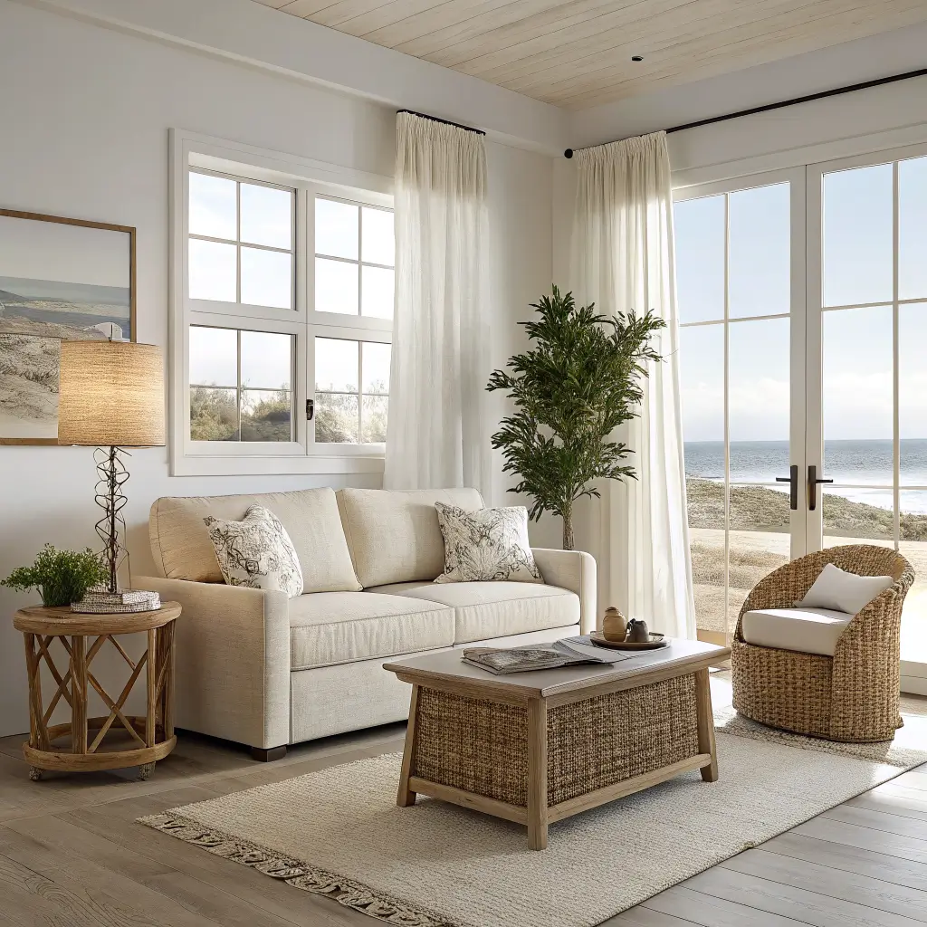 Sunlit coastal apartment living area with beige slipcovered loveseat, pale oak coffee table, jute rug, rattan chair, and olive tree by a west-facing window with sheer linen curtains in golden afternoon light.