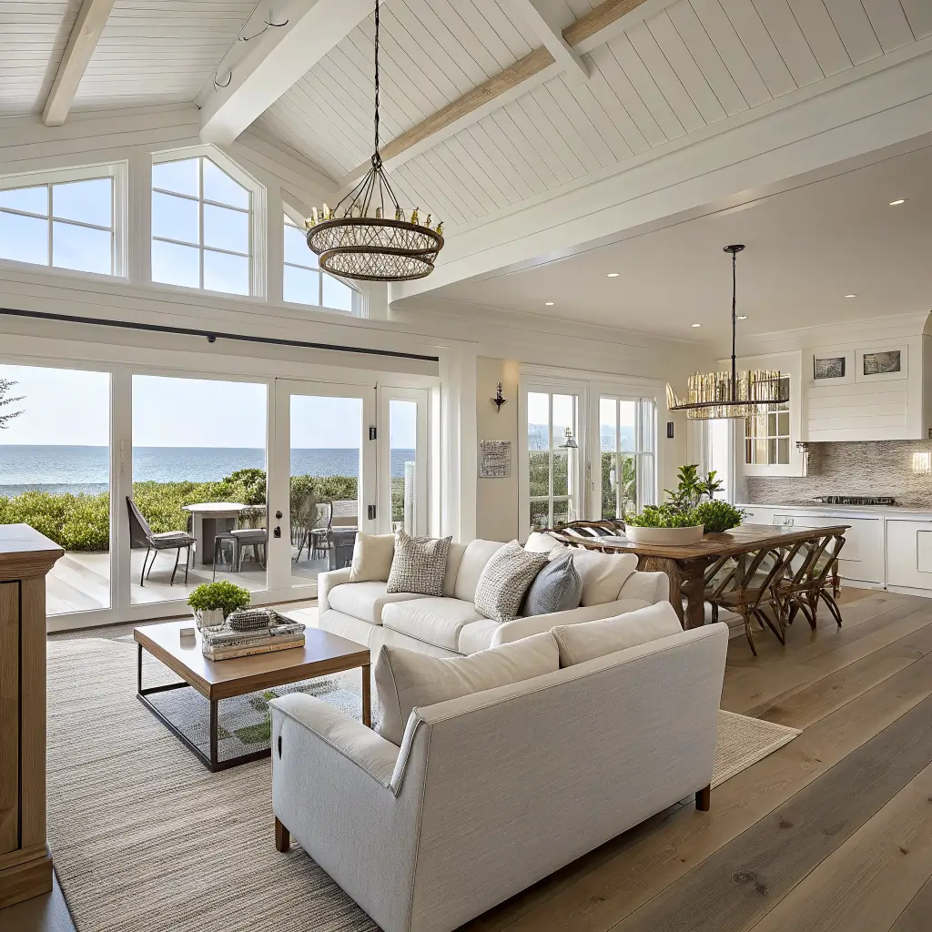 Photorealistic open-concept coastal living and dining room with white oak floors, warm white slipcovered sofa, jute rug, round oak pedestal table with cane chairs, and diffused daylight through tall French doors.