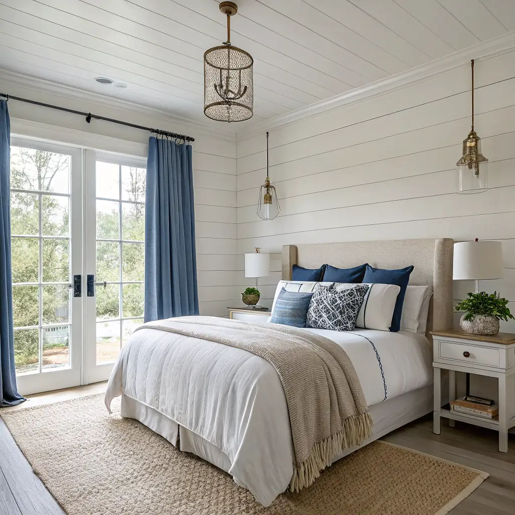 Photorealistic serene primary bedroom with a queen bed on a white shiplap accent wall, white linen bedding, whitewashed nightstands with brass lamps, gauzy curtains over white oak floors, and soft morning light.