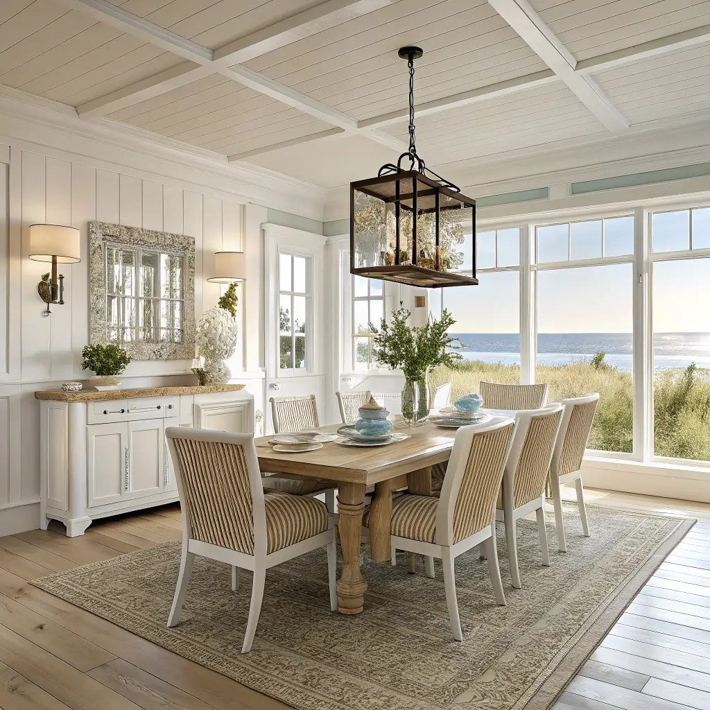 Photorealistic coastal dining room with Sea Salt green walls, white oak table for six, cane-back chairs, wood-bead chandelier, natural fiber rug, and golden light through linen sheers.