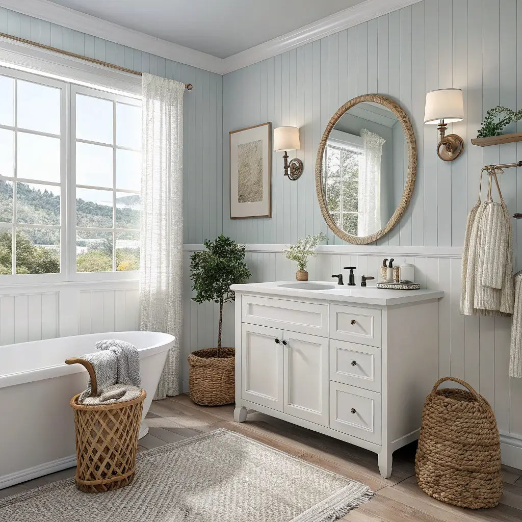 Photorealistic coastal bathroom with white beadboard and pale blue-gray walls, white oak floating vanity with quartz top and brass faucet, rope-framed round mirror, jute mat, white towels, seagrass basket, and snake plant in soft daylight.