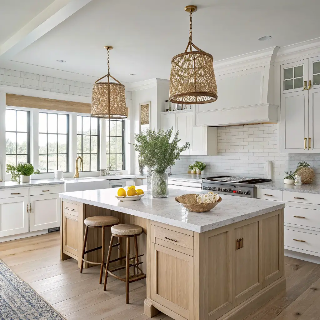 Photorealistic coastal kitchen corner with white shaker cabinets, white oak island with honed marble top, rattan pendants, cane-back stools, and soft morning light through a tall window.