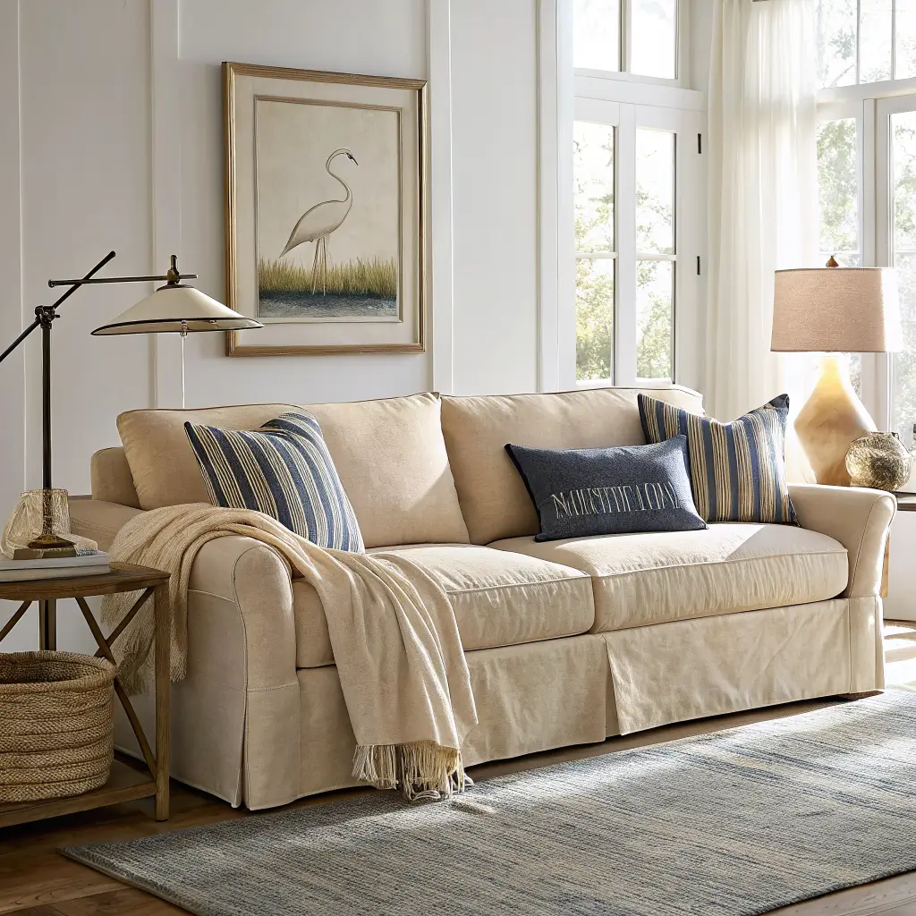 Sunlit beige slipcovered sofa with layered linen and striped pillows, navy lumbar pillow, and cream waffle throw, against a white wall with coastal abstract art and a brass lamp.