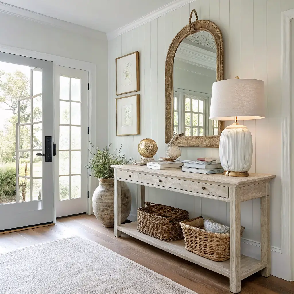 Photorealistic coastal entryway with Pale Oak walls, white oak floors, and a whitewashed console styled with brass lamp, linen books, clamshell bowl, driftwood mirror, jute runner, and seagrass basket.