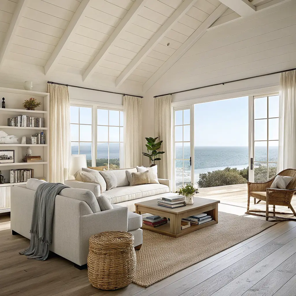 Sunlit modern coastal living room with oat-linen sofa, jute rug, whitewashed oak coffee table, rattan chair, and tall windows with sheer linen curtains.