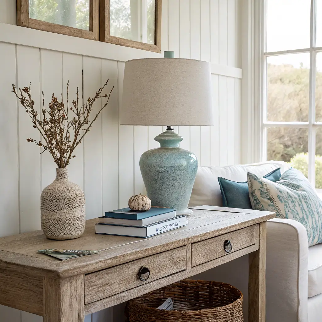 Coastal living room corner with Dover White wall, whitewashed oak console holding lamp, pale blue ceramic, books with muted navy spine, dried sage in sand vase, and oat sofa with linen and seafoam pillows in warm afternoon light.