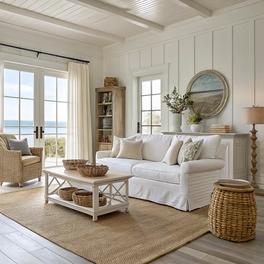 Photorealistic coastal living room with white linen sofa on a jute rug, whitewashed coffee table, seagrass armchair by a bright window, and rattan mirror above a low credenza.
