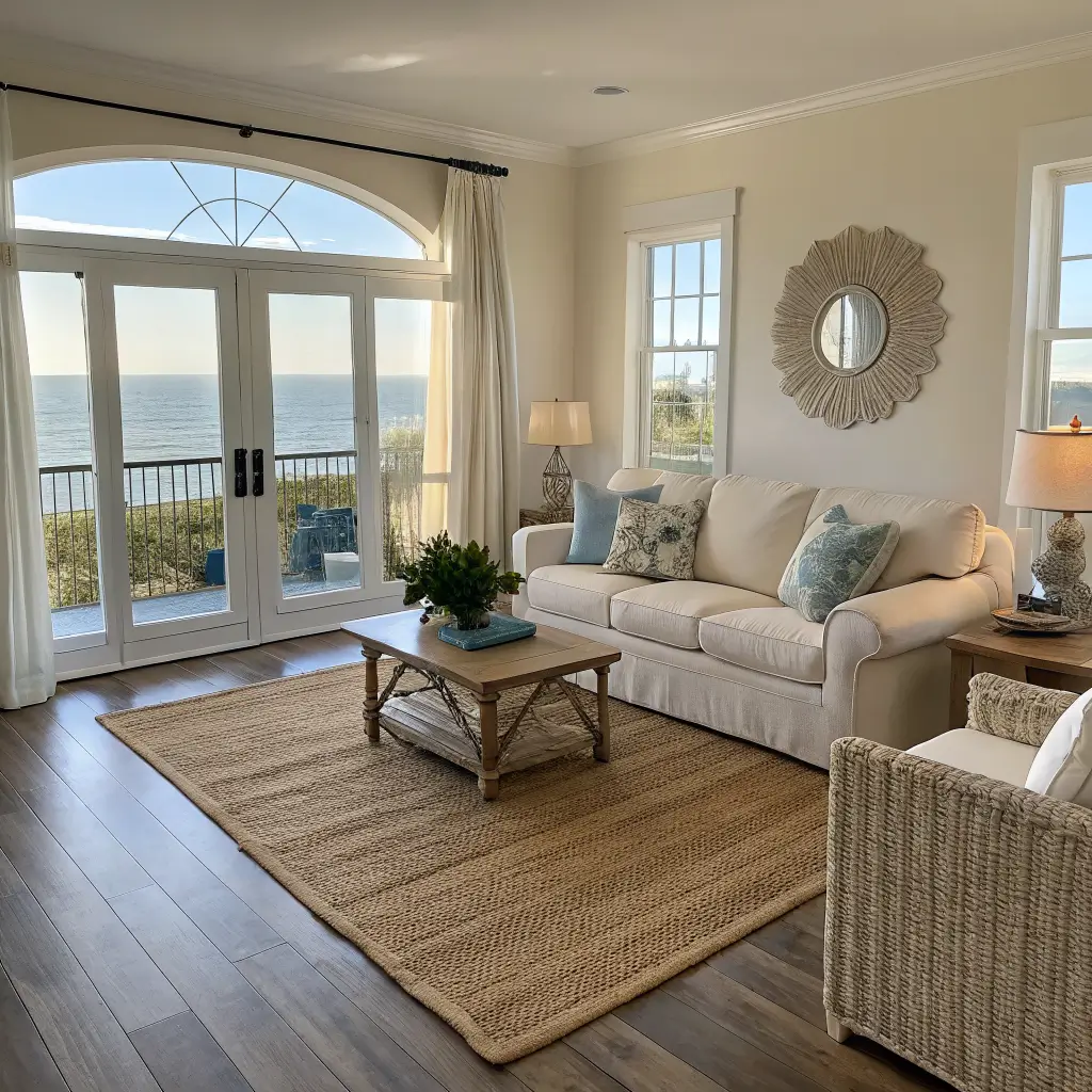 Overhead three-quarter view of a coastal living room with an oat slipcovered sofa, rattan chair, whitewashed coffee table on a jute rug, and late afternoon light through sheer curtains.