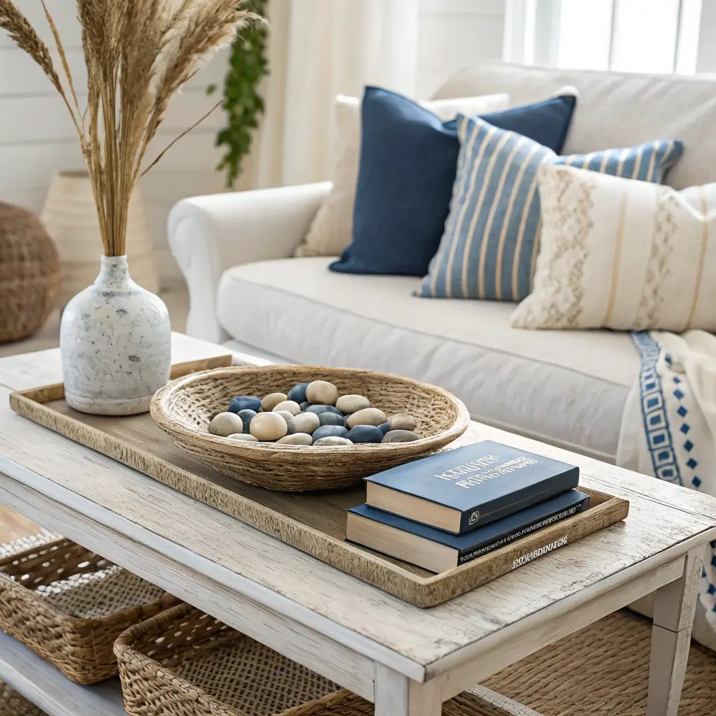 Coastal coffee table vignette with rattan tray, river stones, stacked books, and pampas vase in soft window light, with layered linen pillows and throw on an oat sofa.