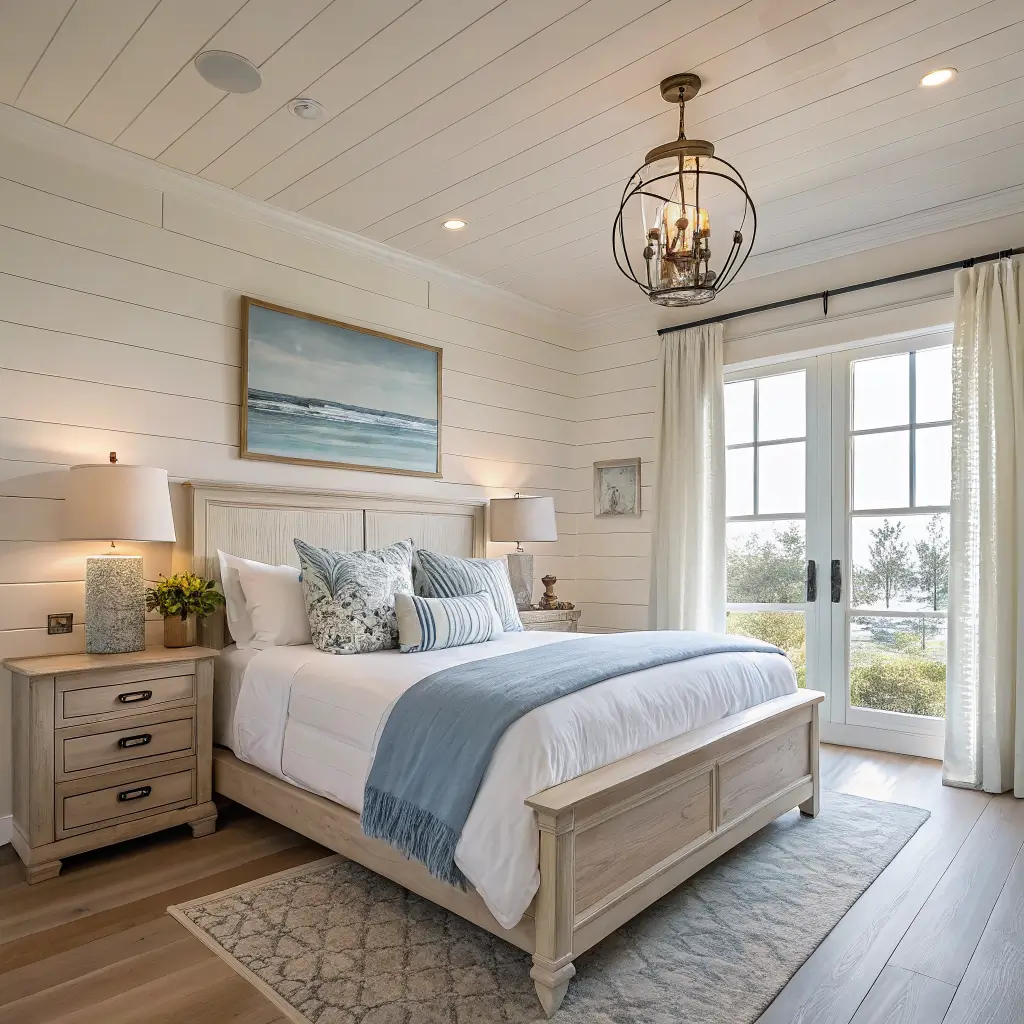 Photorealistic coastal bedroom with Alabaster walls, white oak floors, whitewashed bed in crisp white bedding and pale blue throw, seascape art, brass sconces, and dawn light through sheer linen curtains.
