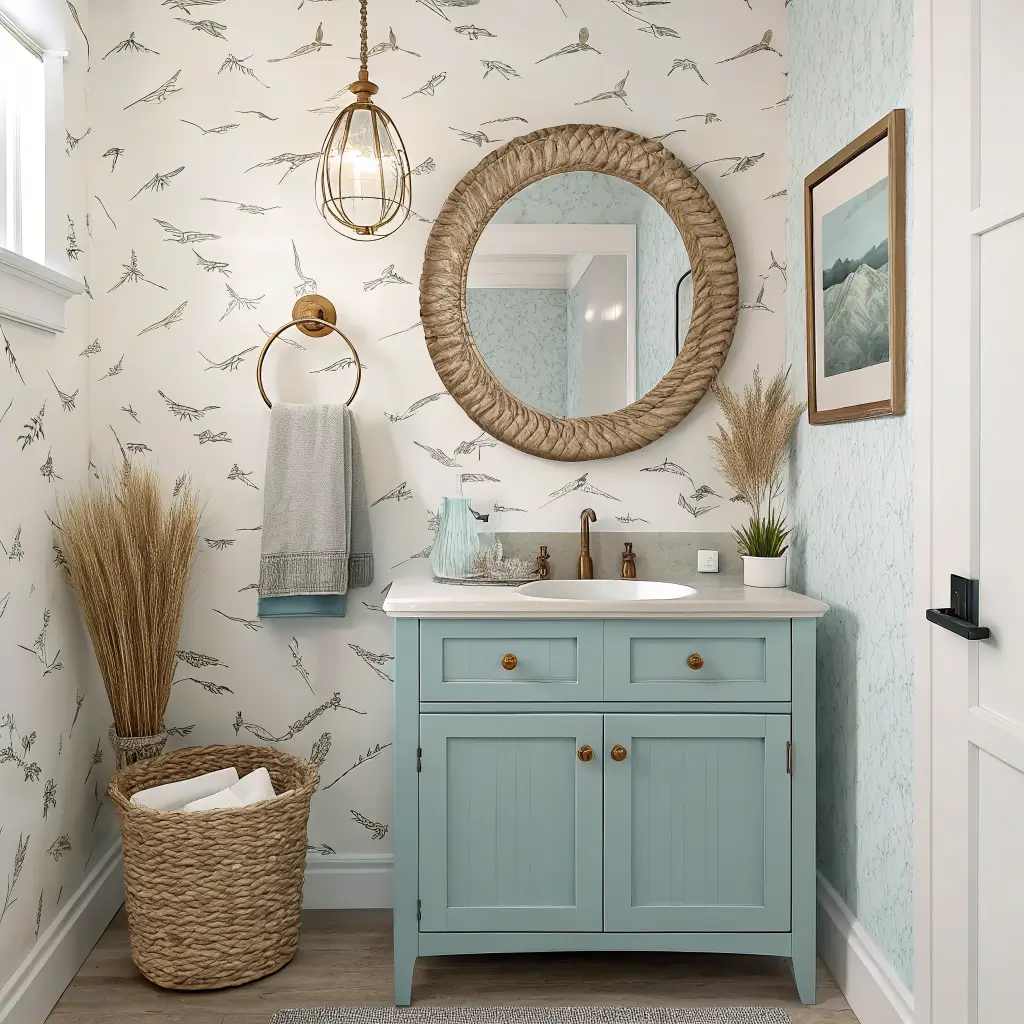 Photorealistic 5x7 coastal powder room with seabird wallpaper, watery blue vanity, marble counter with vessel sink, rattan mirror, woven pendant light, white oak floor, and jute runner in warm evening light.