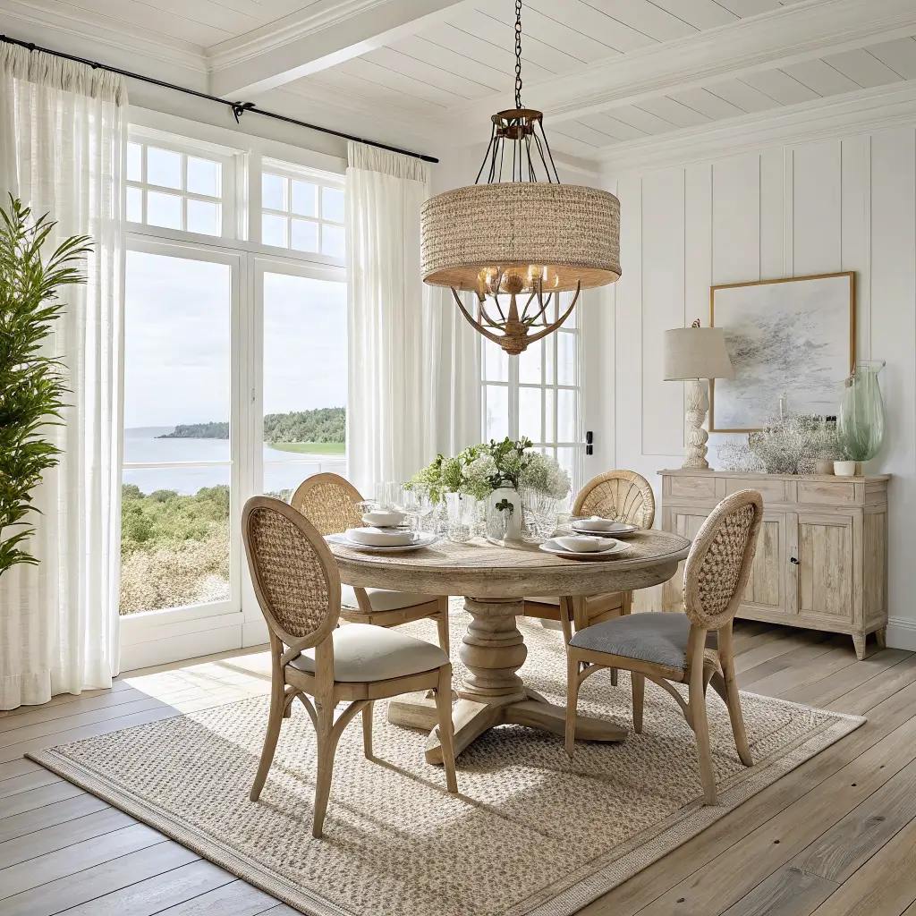 Photorealistic coastal dining room with pale oak round table for six, cane-back chairs, capiz shell chandelier, and eucalyptus centerpiece in bright diffused daylight.