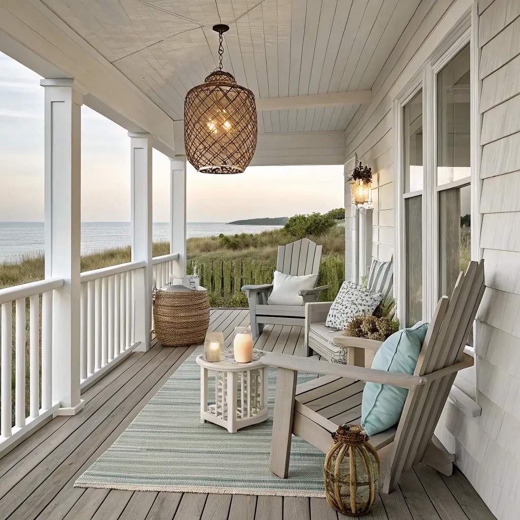 Photorealistic coastal porch with two driftwood-gray Adirondack chairs, striped oat and pale-blue rug, candle lanterns, greenery on railing, and sheer curtain in golden hour light.