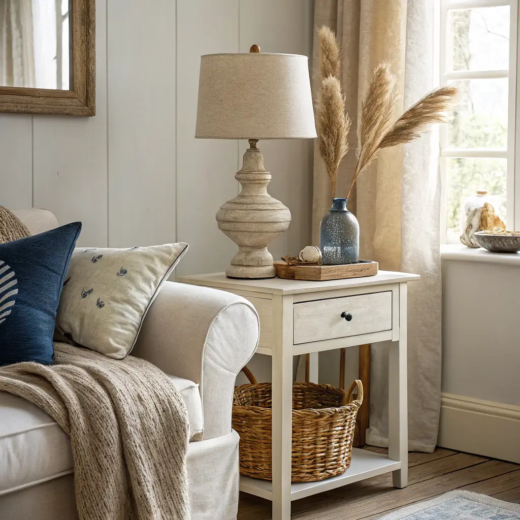 Photorealistic coastal fall‑winter vignette: whitewashed side table with ceramic lamp, basket of camel throw and pampas grass beside an oat linen sofa with muted navy and sand pillows in warm late‑afternoon light.