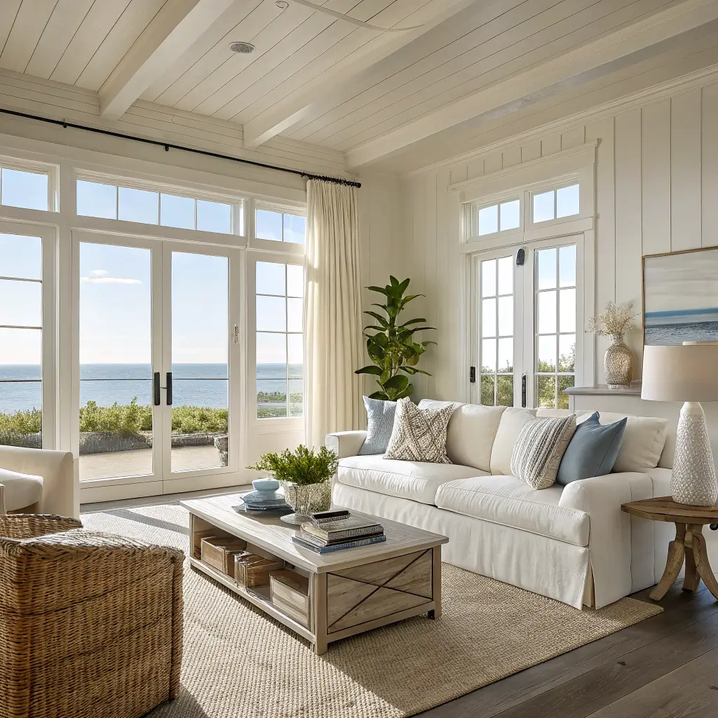 Sunlit modern coastal living room with oatmeal linen sofa on a jute rug, whitewashed oak coffee table, gauzy linen sheers, sky-blue pillows, driftwood mirror, and kentia palm.