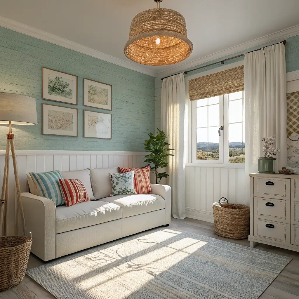 Photorealistic small renter-friendly living nook with cream loveseat on seagrass rug, slim console against sky-blue grasscloth accent wall, warm lamp glow, linen-curtained golden light, and snake plant.