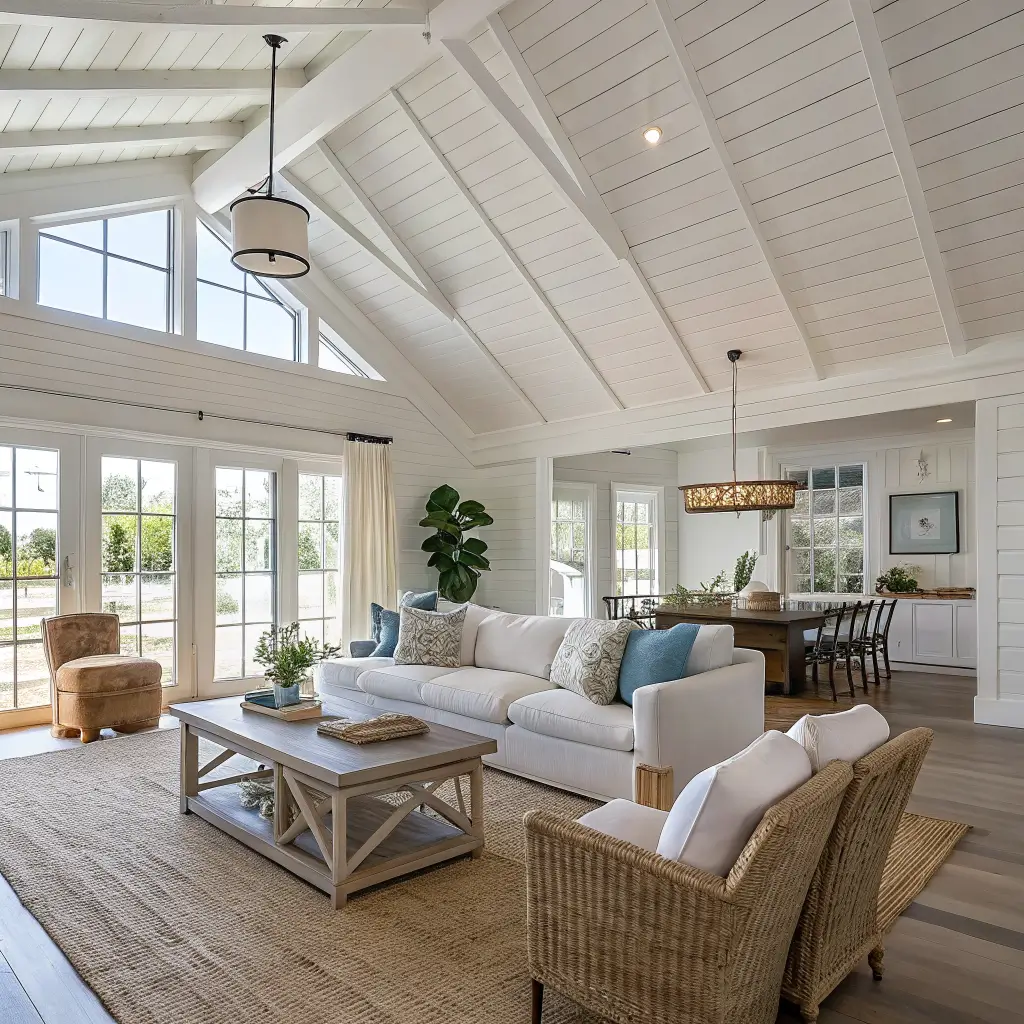 Photorealistic open-plan living and dining room with vaulted white shiplap ceiling, linen sofa on jute rug facing reclaimed oak coffee table, bleached oak dining table with cane-back chairs, abstract blue ocean art, and airy coastal decor in midday light.