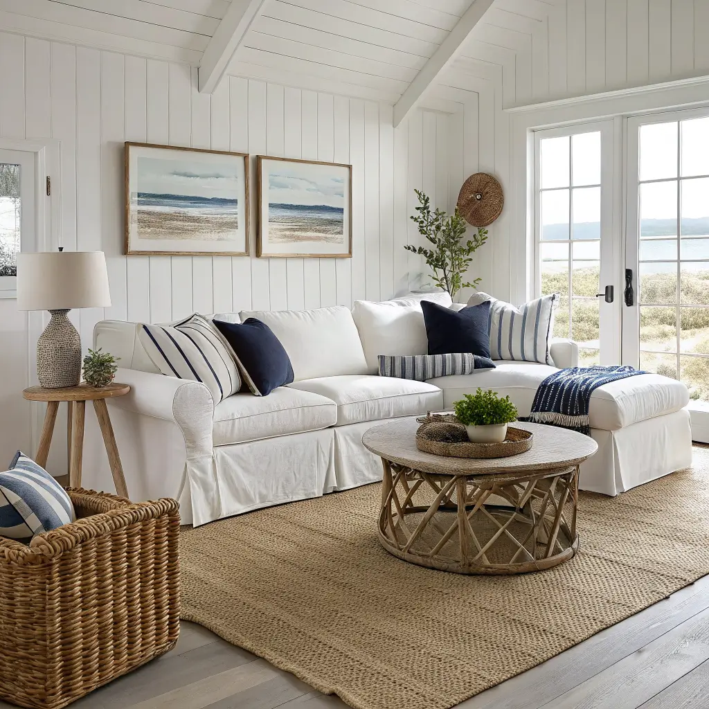 Photorealistic coastal den with white slipcovered sectional, jute rug, whitewashed coffee table with beach stones, cane chair, seagrass basket of knit throws, and natural canvas dog bed in soft overcast light.