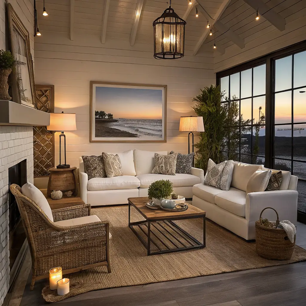 Photorealistic living room at dusk with cream slipcovered sofa on jute rug, rattan chairs, warm lamp glow, and a framed black-and-white beach photo above.