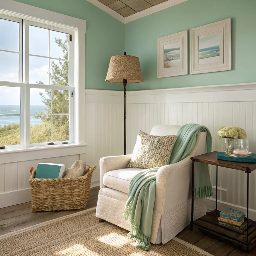 Sunlit coastal reading corner with aqua and white walls, oatmeal slipcovered armchair on a seagrass rug, whitewashed side table with ceramic lamp, glass sea-glass stones, indigo book, beige throw, and coral pillow.