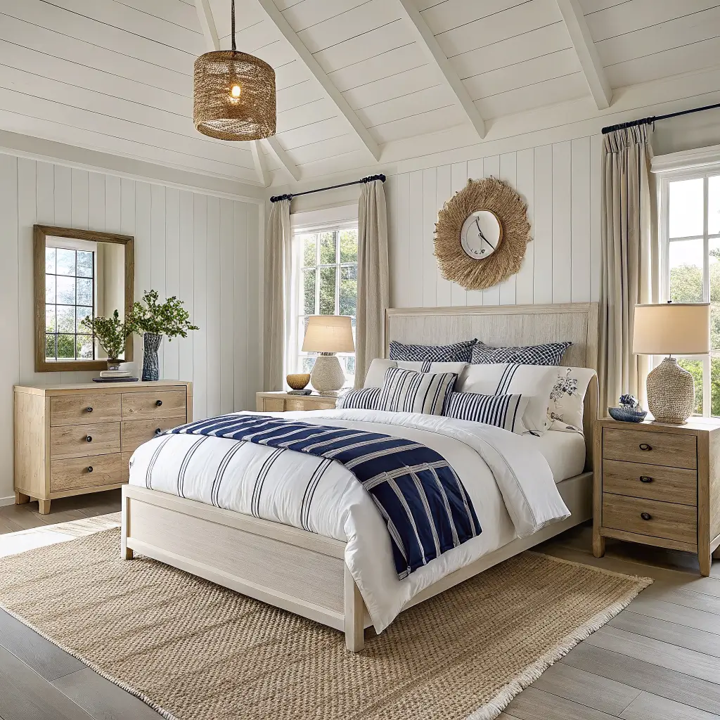 Photorealistic coastal master bedroom with whitewashed oak platform bed, white linen duvet, navy striped shams, jute rug, rope-base lamps, and dawn light through floor-to-ceiling linen sheers.