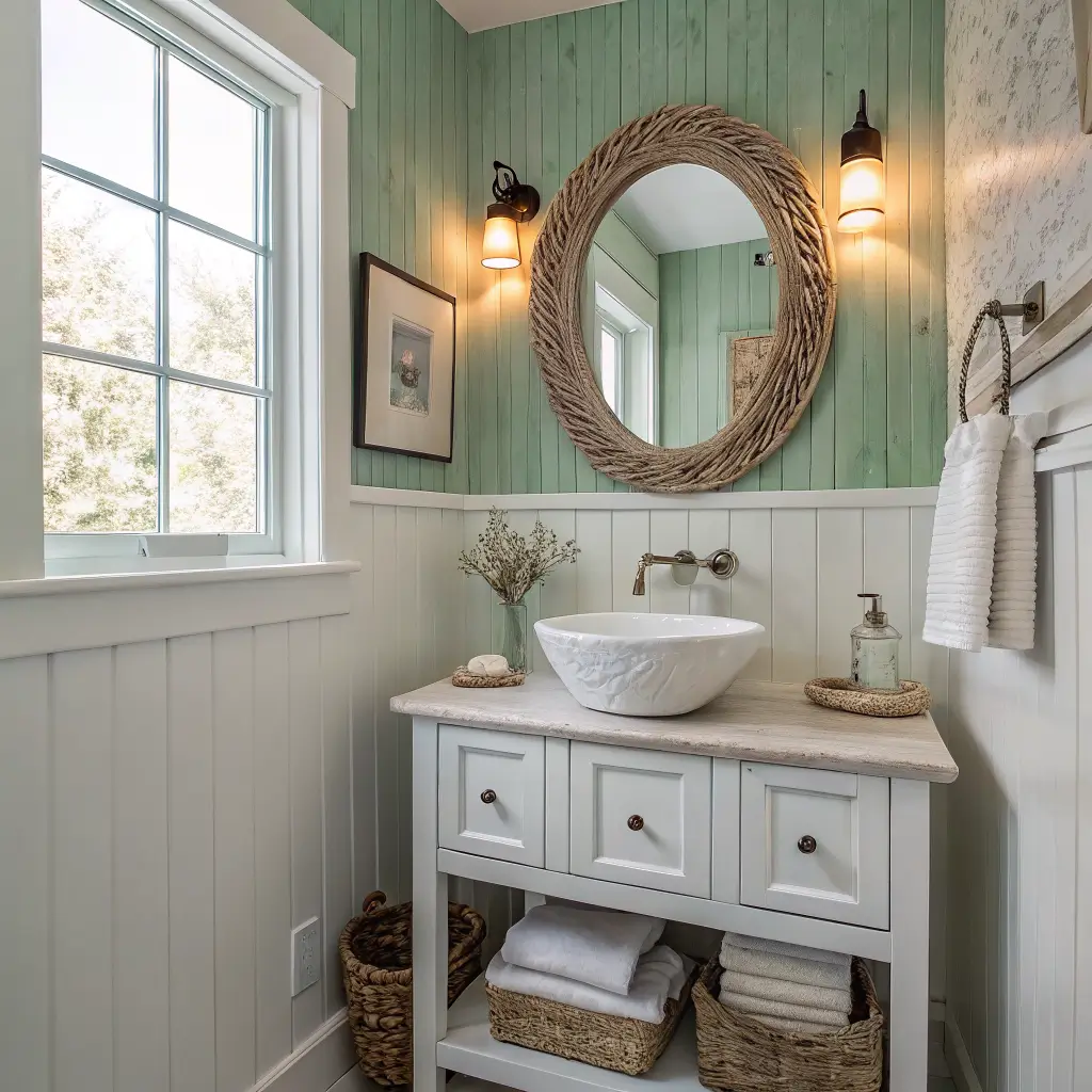 Photorealistic small coastal powder room with sea-glass green wallpaper, white shiplap, whitewashed vanity with glass vessel sink, driftwood mirror, and warm sconce lighting.