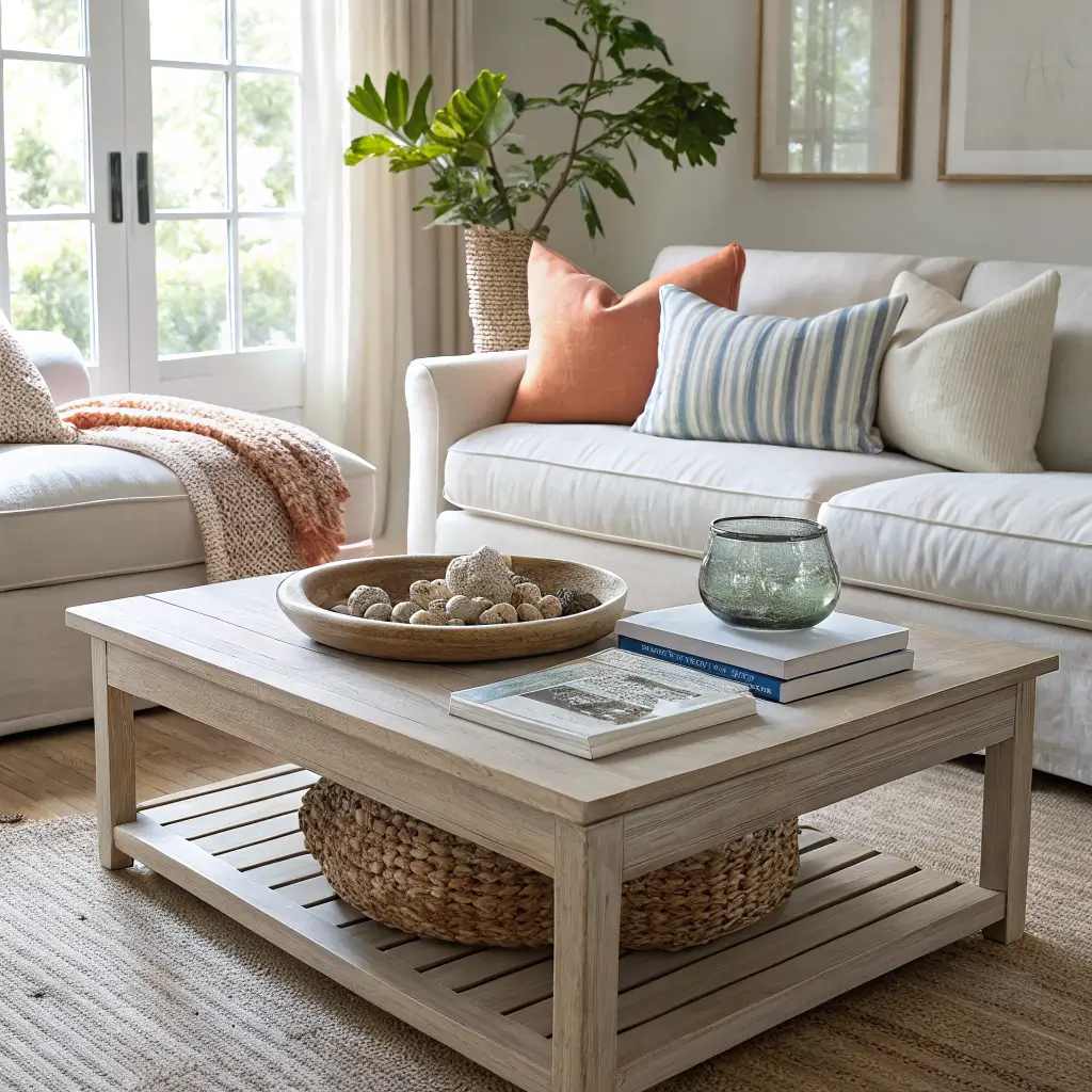 Photorealistic living room corner with whitewashed oak coffee table styled with rattan tray, stacked linen books, shell bowl, and pothos, in front of an oatmeal slipcovered sofa with six pillows on a jute rug in soft late-morning window light.