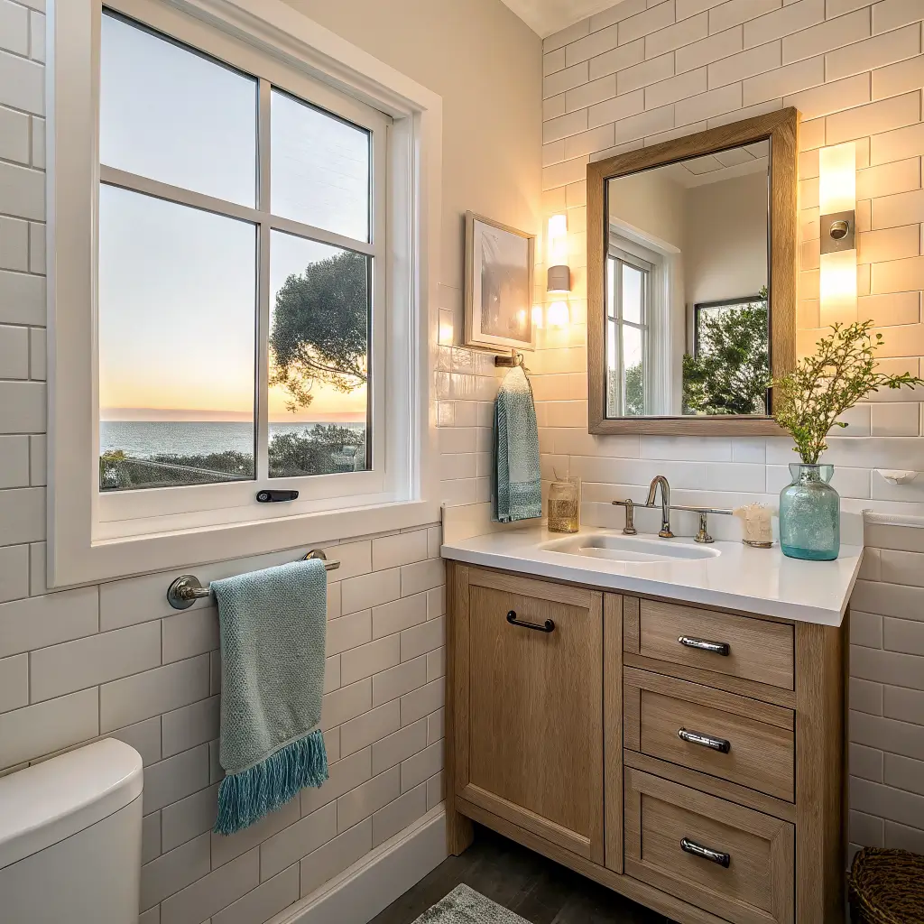 Small modern coastal powder room with Swiss Coffee walls, glossy subway tile, white oak vanity, wood-framed mirror, and sea glass blue towel in warm golden-hour light.